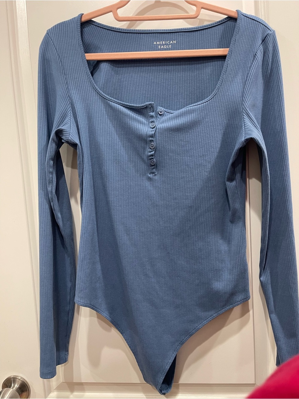 American Eagle Outfitters Blue Ribbed Henley Long Sleeve Bodysuit